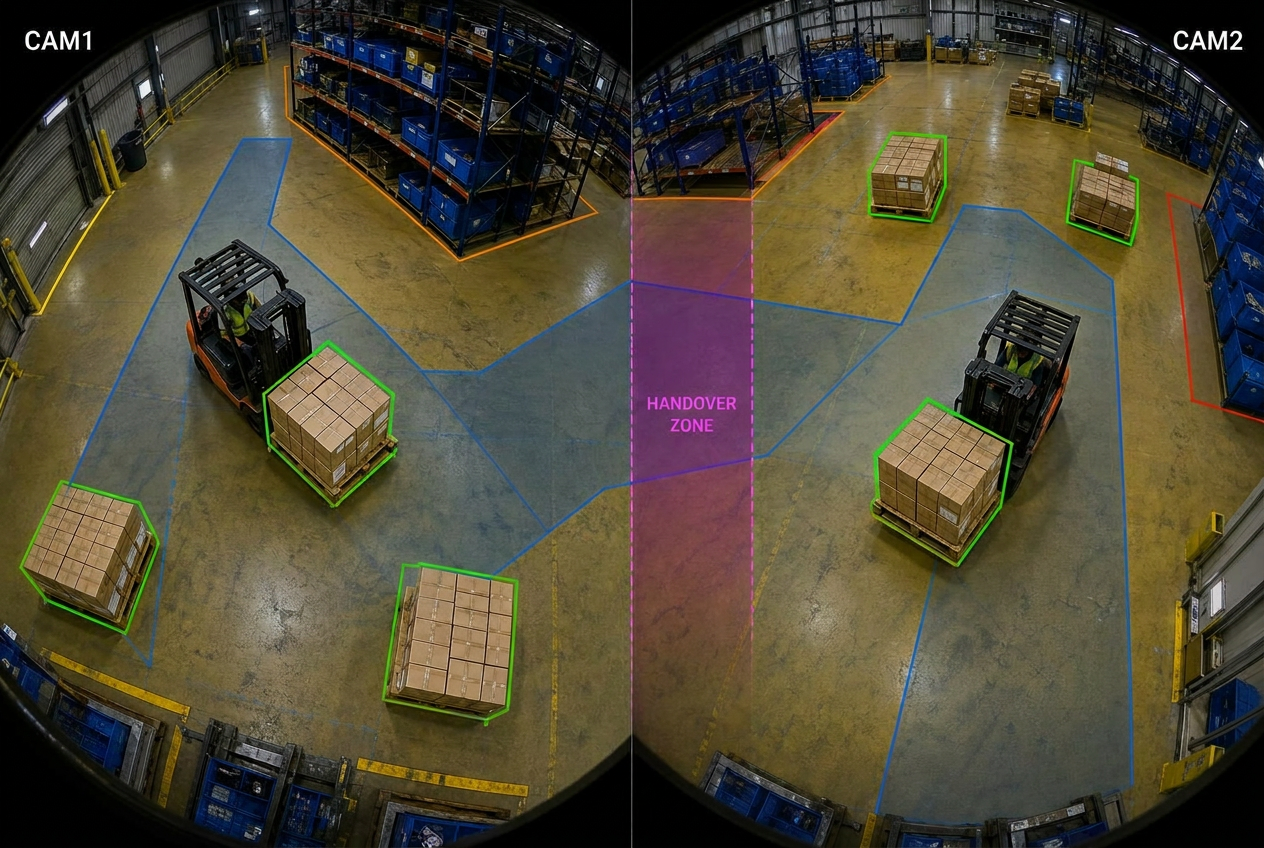 Two overhead warehouse cameras tracking a forklift carrying a pallet, with bounding boxes and a handover zone overlay